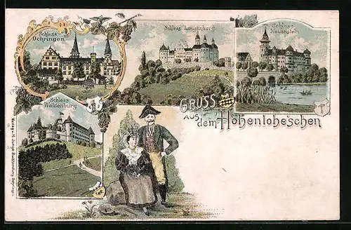 Lithographie Langenburg, Schloss, Schloss Waldenburg, Schloss Neuenstein