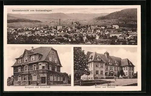AK Gottmadingen, Metzgerei und Gasthaus, Schul- und Rathaus