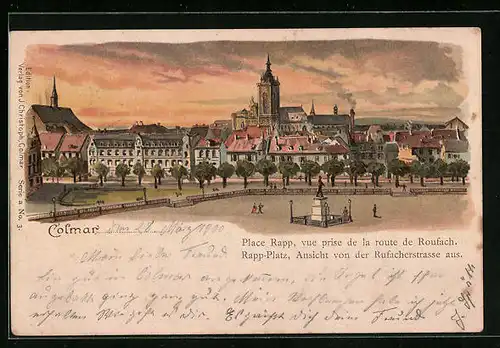 Lithographie Colmar, Rapp-Platz, Ansicht von der Rufacherstrasse aus