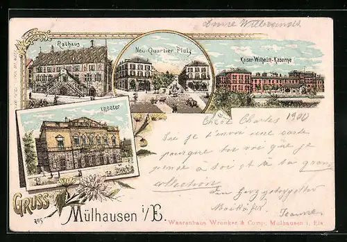 Lithographie Mülhausen i. E., Neu-Quartier Platz, Rathaus, Theater