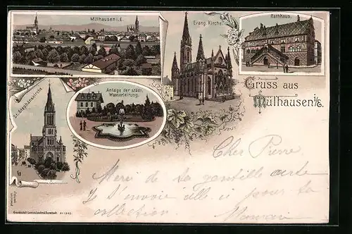 Lithographie Mülhausen i. E., Rathaus, Evangelische Kirche, St. Stephanskirche