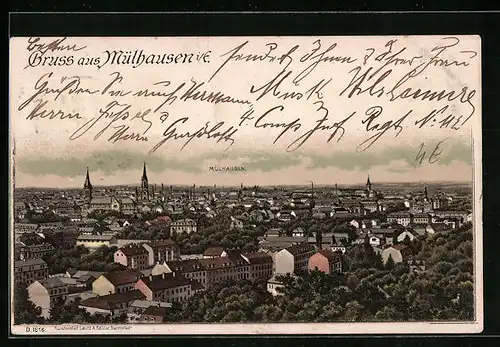 Lithographie Mülhausen i. E., Panorama über die Stadt