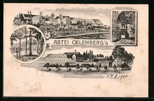 Lithographie Oelenberg, Totalansicht mit Friedhof