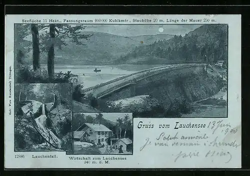 Mondschein-Lithographie Gebweiler, Lauchensee, Wirtschaft zum Lauchensee, Lauchenfall