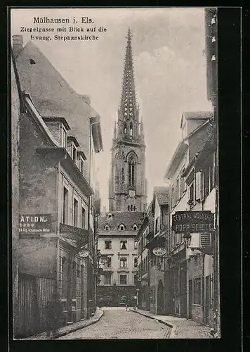 AK Mülhausen, Ziegelgasse mit Blick auf die Stephanskirche