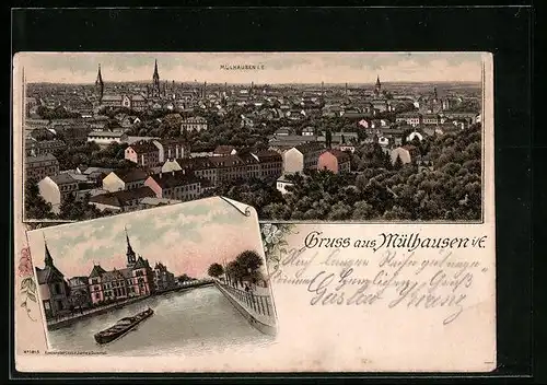 Lithographie Mülhausen, Totalansicht mit Flusspartie
