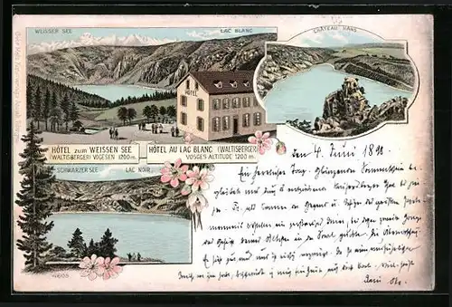 Lithographie Weisser See, Hotel au lac Blanc, Chateau Hans, Lac Noir