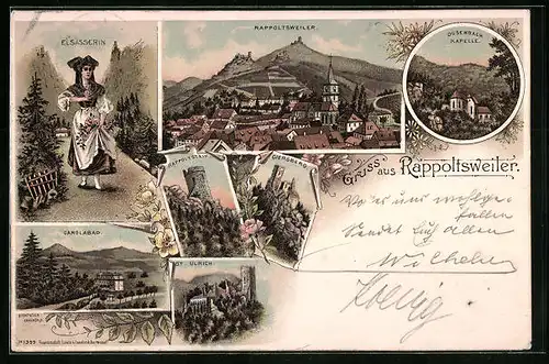 Lithographie Rappoltsweiler, Gesamtansicht mit Elsässerin, St. Ulrich und Giersberg