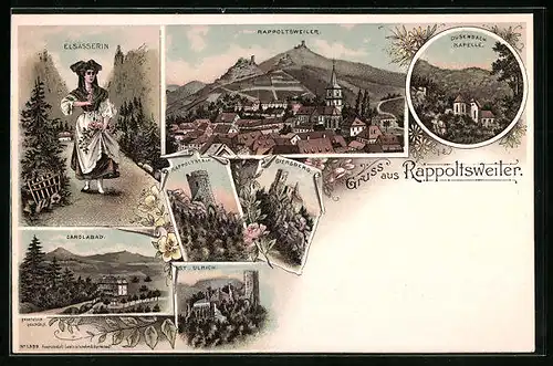Lithographie Rappoltsweiler, Gesamtansicht mit Elsässerin, St. Ulrich und Giersberg
