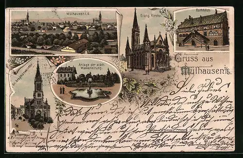 Lithographie Mülhausen i. Els., Totalansicht, Rathaus, Evang. Kirche