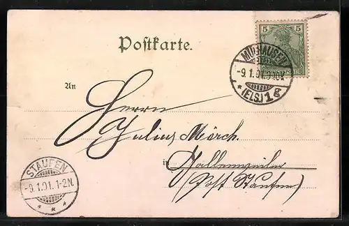 Lithographie Mülhausen i. Els., Totalansicht, Rathaus, Evang. Kirche