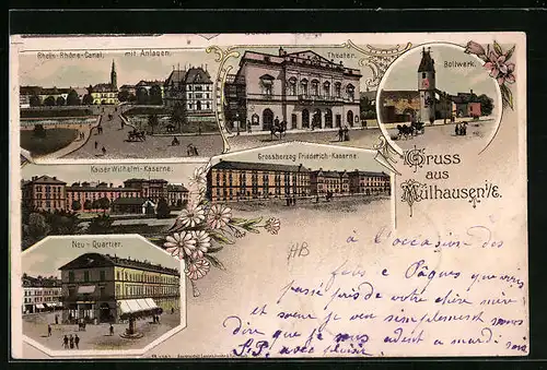 Lithographie Mülhausen i. E., Grossherzog Friedrich Kaserne, Theater, Bollwerk