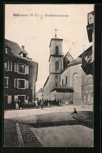 AK Mülhausen, Barfüsserstrasse mit Kirchturm