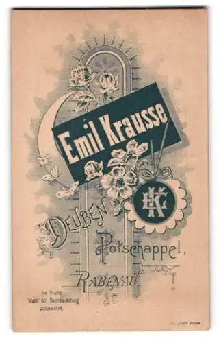 Fotografie Emil Krausse, Deuben, blühende Blumen, Mondsichel & Siegel mit Initialen, Rückseitig Mädchen-Portrait