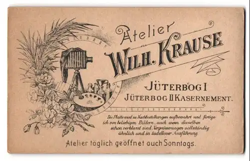 Fotografie Wilhelm Krause, Jüterbog, Plattenkamera, Mischpalette & Labor-Utensilien, Rückseitig Mädchen mit Hut