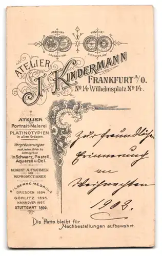 Fotografie J. Kindermann, Frankfurt a. O., Wilhelmsplatz 14, Bürgerliche Dame mit Kragenbrosche