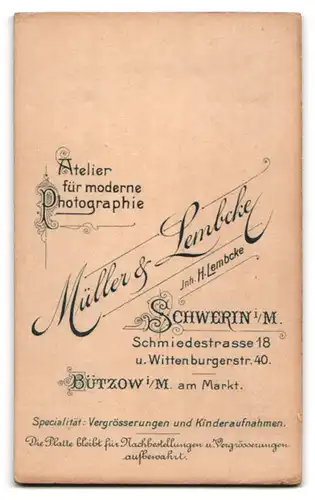 Fotografie Müller & Lembcke, Schwerin i. M., Schmiedestr. 18 u. Wittenburgerstr. 40, Eleganter Herr mit Moustache