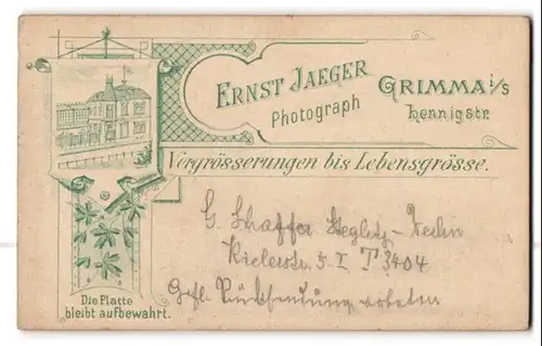 Fotografie Ernst Jaeger, Grimma, Ansicht Grimma i. S., Geschäftshaus mit Foto-Atelier in der Hennigstrasse