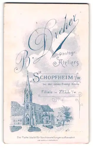 Fotografie B. Dreher, Schopfheim i. W., Ansicht Schopfheim i. W., Evangelische Kirche im Ort, Rückseitig Damen-Portrait