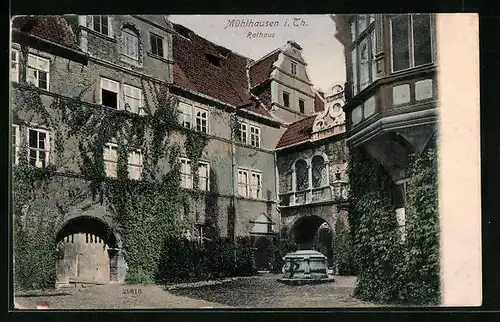 AK Mühlhausen i. Th., Rathaus mit Brunnen