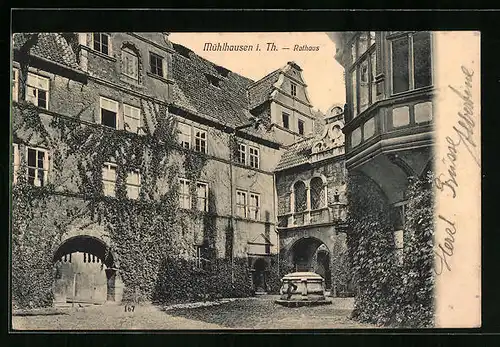 AK Mühlhausen i. Th., Rathaus mit Brunnen