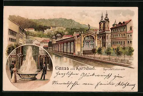 Lithographie Karlsbad, Sprudelcolonade, Ortspartie