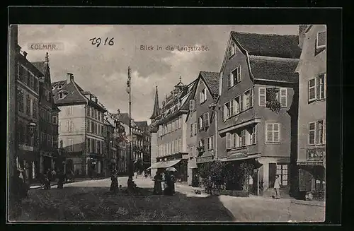 AK Colmar, Blick in die Langstrasse mit Geschäften