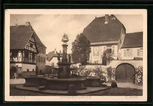 AK Ammerschwieher /Elsass, Ortspartie mit Brunnen