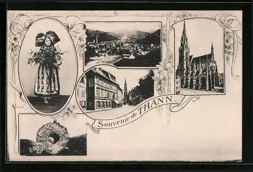 AK Thann, Totalansicht mit Kirche und Mächen in Tracht