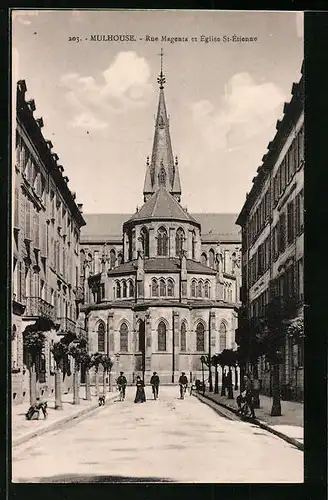 AK Mulhouse, Rue Magenta et Eglise St. Etienne