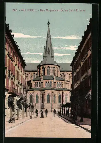 AK Mulhouse, Rue Magenta et Eglise Saint Etienne