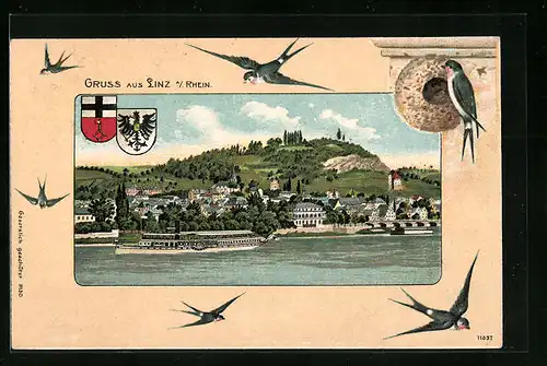 AK Linz /Rhein, Ortsansicht mit Dampfschiff und Stadtwappen