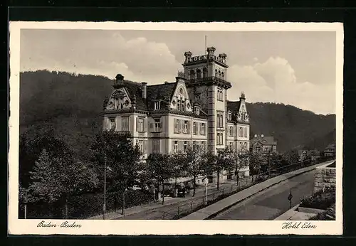 AK Baden-Baden, Hotel Eden, Totalansicht mit Strassenpartie