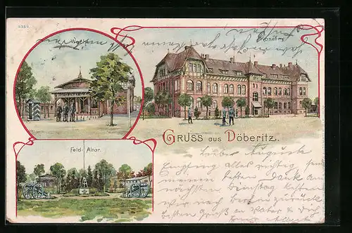 Lithographie Döberitz, Kaserne, Wache, Feld-Altar