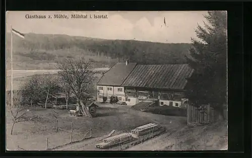 AK Mühltal i. Isartal, Gasthaus zur Mühle mit Wald und Flagge