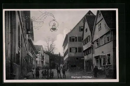 AK Güglingen /Württemberg, Teilansicht mit Kindern auf der Strasse und Gasthaus