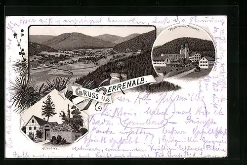 Lithographie Herrenalb, Ortsansicht, Klosterruine Frauenalb, Paradies