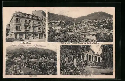 AK Baden-Baden, Hotel Bock, Ortsansicht von Schloss Solms, Kurhaus, Trinkhalle