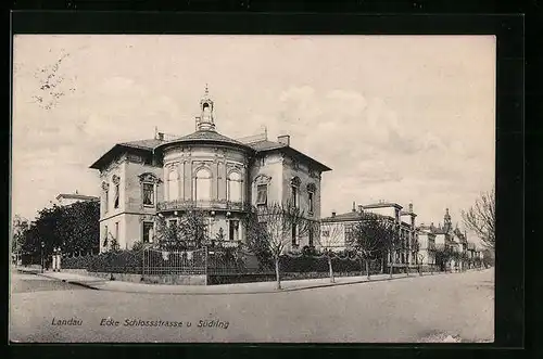 AK Landau, Ecke Schlossstrasse und Südring mit Villa