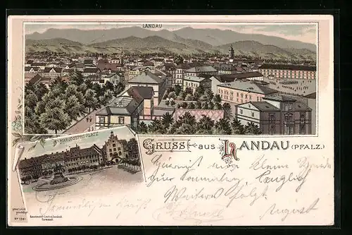 Lithographie Landau /Pfalz, Ortsansicht, Max-Josephs-Platz
