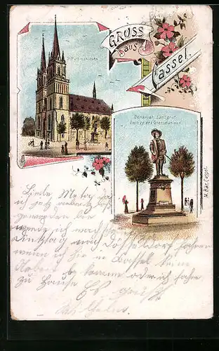 Lithographie Cassel, St. Martinskirche, Denkmal Landgraf Philipp des Grossmütigen