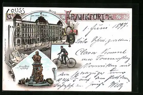 Lithographie Frankfurt a. M., Die neue Post, Kaiserbüste im Posthof, Briefträger auf Fahrrad