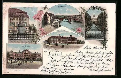 Lithographie Kassel, Fuldabrücke, Cascaden, Bahnhof