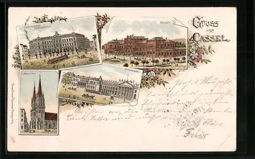 Lithographie Cassel, Königsplatz, Postgebäude mit Strassenbahn, Bahnhof, Friedrichsplatz