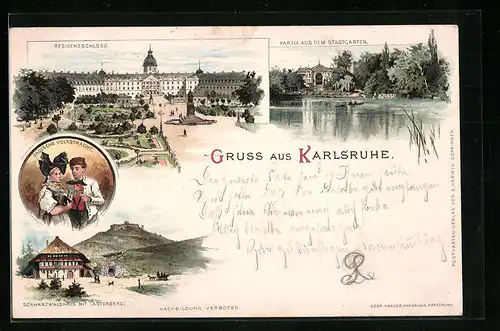 Lithographie Karlsruhe, Residenzschloss, Partie aus dem Stadtgarten, Badische Volkstracht