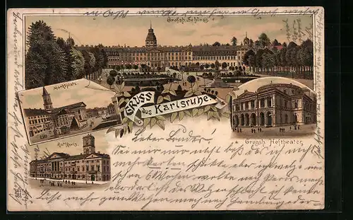 Lithographie Karlsruhe, Marktplatz, Rathaus, Grossh. Schloss