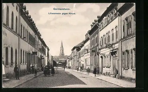 AK Germersheim, Lilienstrasse gegen Kirche