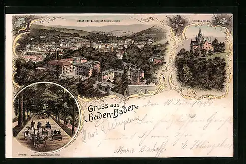 Lithographie Baden-Baden, Schloss Solms, Lichtenthaler Allee, Totalansicht