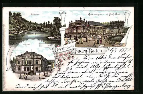 Lithographie Baden-Baden, Coversationshaus mit Musik-Kiosk, Theater, Waldsee