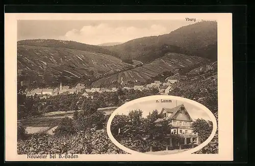 AK Neuweier b. Baden-Baden, Gasthaus z. Lamm, Totalansicht mit Yburg
